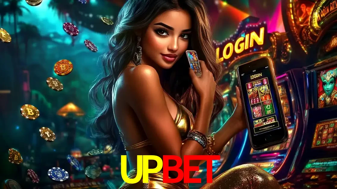 Mulher em um cenário de cassino temático de aventura, mostrando o app de caça-níqueis da UPBET no celular. Fichas de apostas flutuam ao redor.