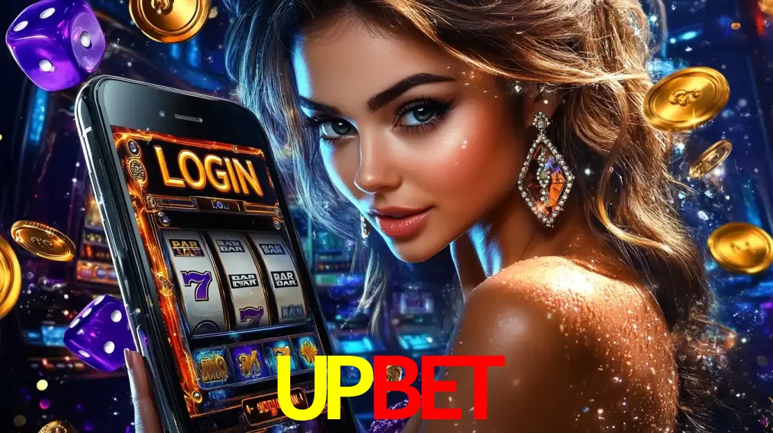 Mulher glamorosa segurando um smartphone com a tela de login para os jogos de caça-níqueis do cassino online UPBET, com moedas de ouro e dados ao redor.