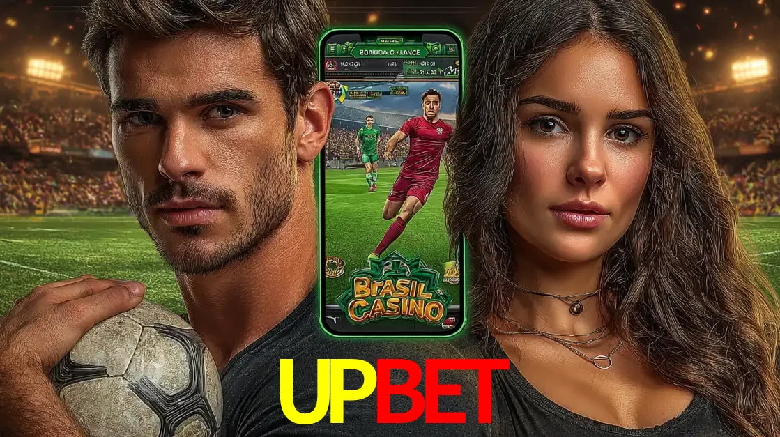 Homem segurando uma bola de futebol e uma mulher ao lado de um smartphone exibindo o jogo de apostas esportivas da UPBET. Faça seu palpite no cassino online.